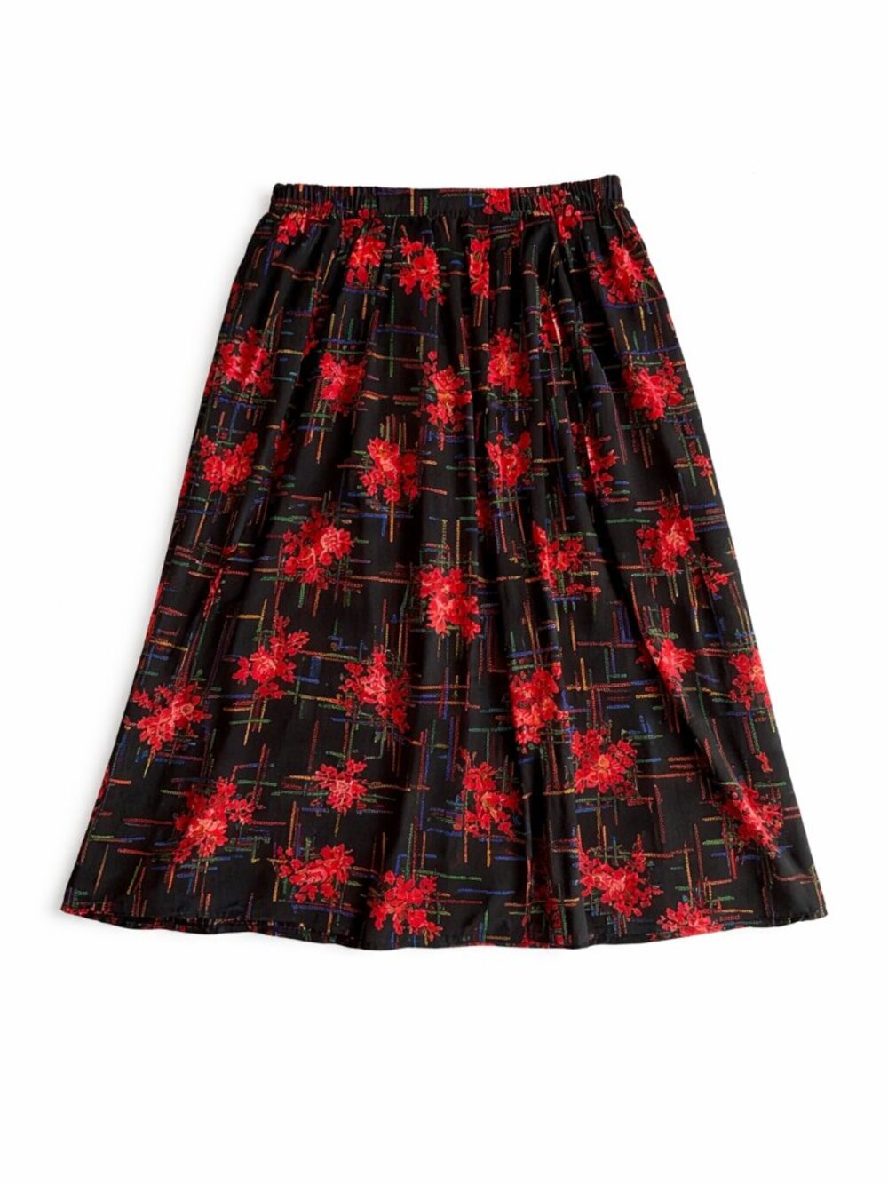 Vinatge 90s Black & Red Floral Midi Skirt, Size Large